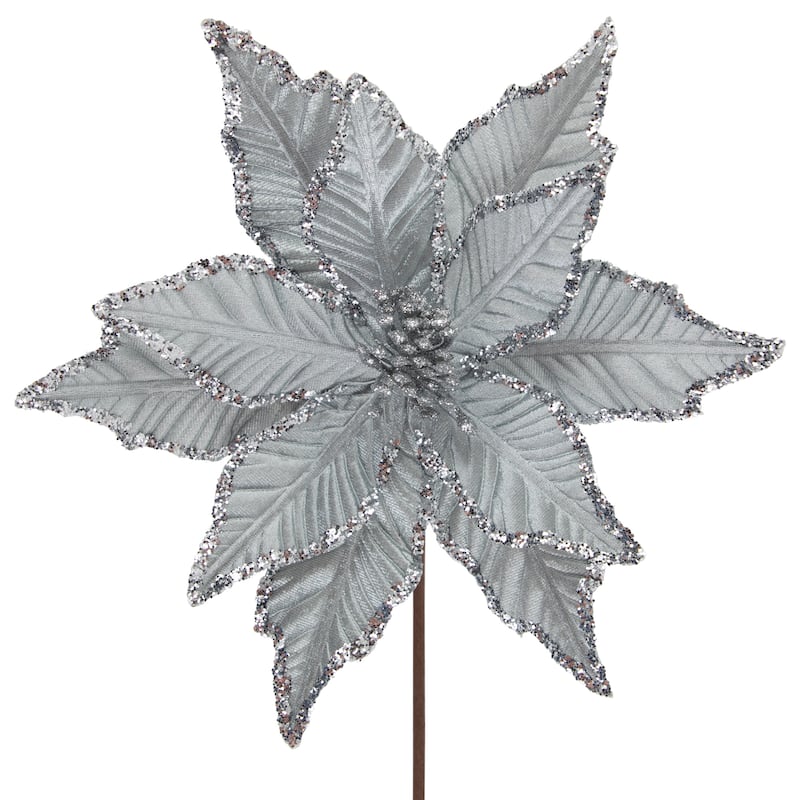 25" Glittered Silver Poinsettia Christmas Floral Pick - 25