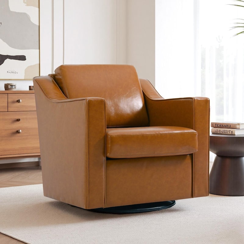 30" W Modern Accent Swivel Chair Comfy Upholstered Armchair Set of 2 - Light Brown/ Vegan Leather
