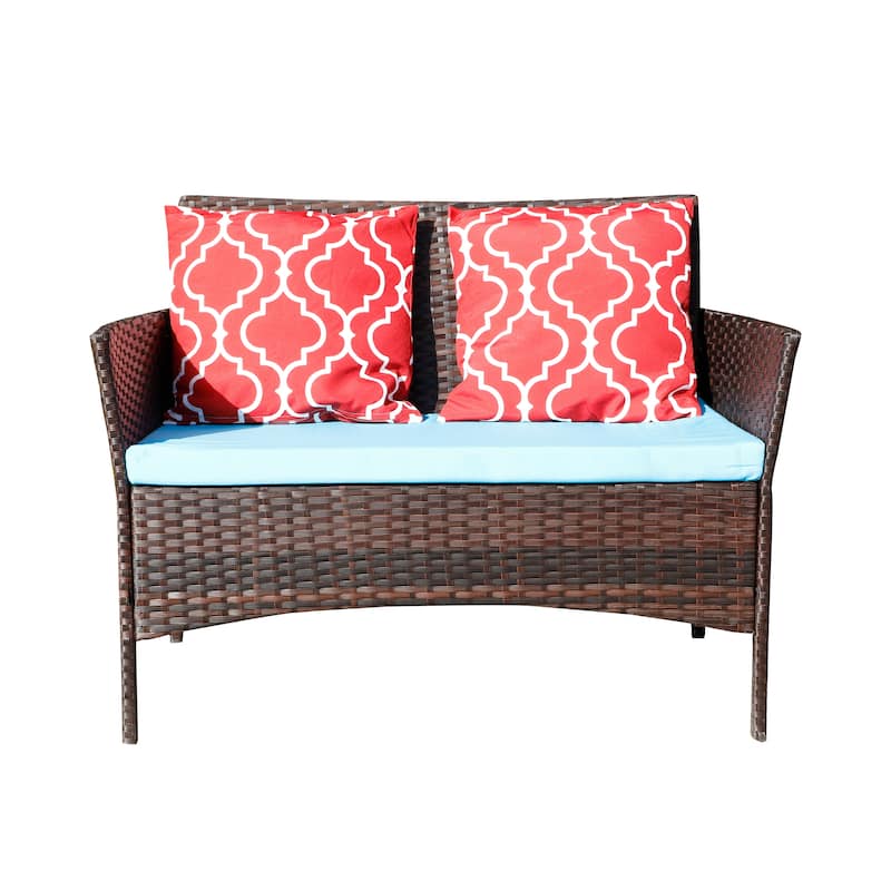 Four-Piece Sofa Set Table With Sofa Chair PE Rattan Outdoor Furniture With Emerald Green Color Cushion