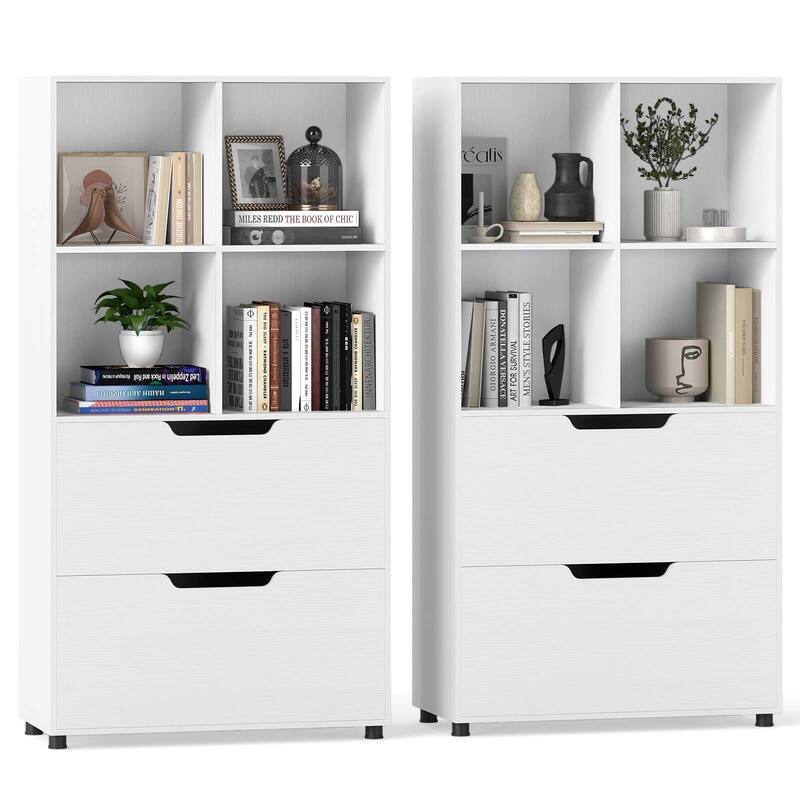 Costway 2PCS 51” 5-Tier 4-Cube Bookcase with 2 Drawers for Living - See Details - White