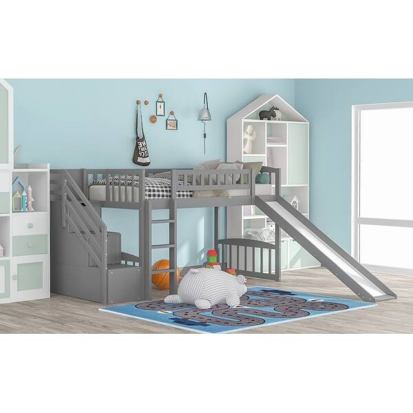 slide 2 of 30, Twin Wood Loft Bed with Drawers, Slide & Stairs - Safe & Stable Design Gray