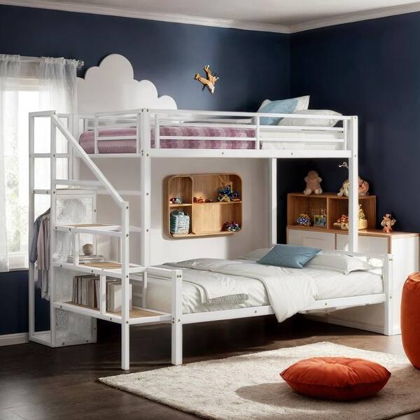 slide 2 of 22, Twin over Full Size Metal Bunk Bed with Wardrobe White