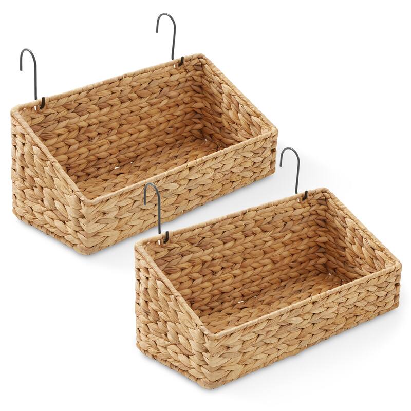 2pk Hanging Baskets w Hooks Woven Hyacinth Wall Mount Storage Bins