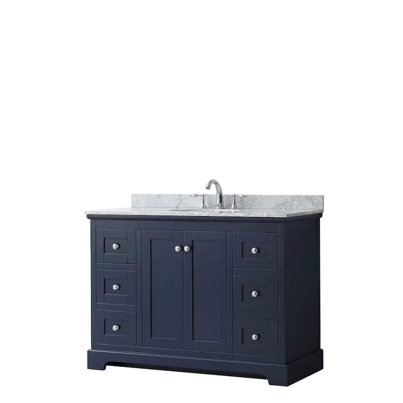 Avery 48-inch Single Vanity, Marble Top, Oval Sink, No Mirror - Dark Blue, Chrome Trim, White Carrara Marble Top