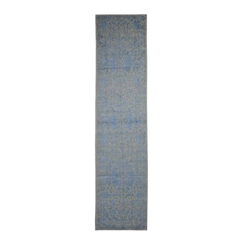 Shahbanu Rugs Jacquard Hand Loomed Blue Broken Cypress Tree Design Silken Thick and Plush Runner Oriental Rug (2'5" x 8'0")