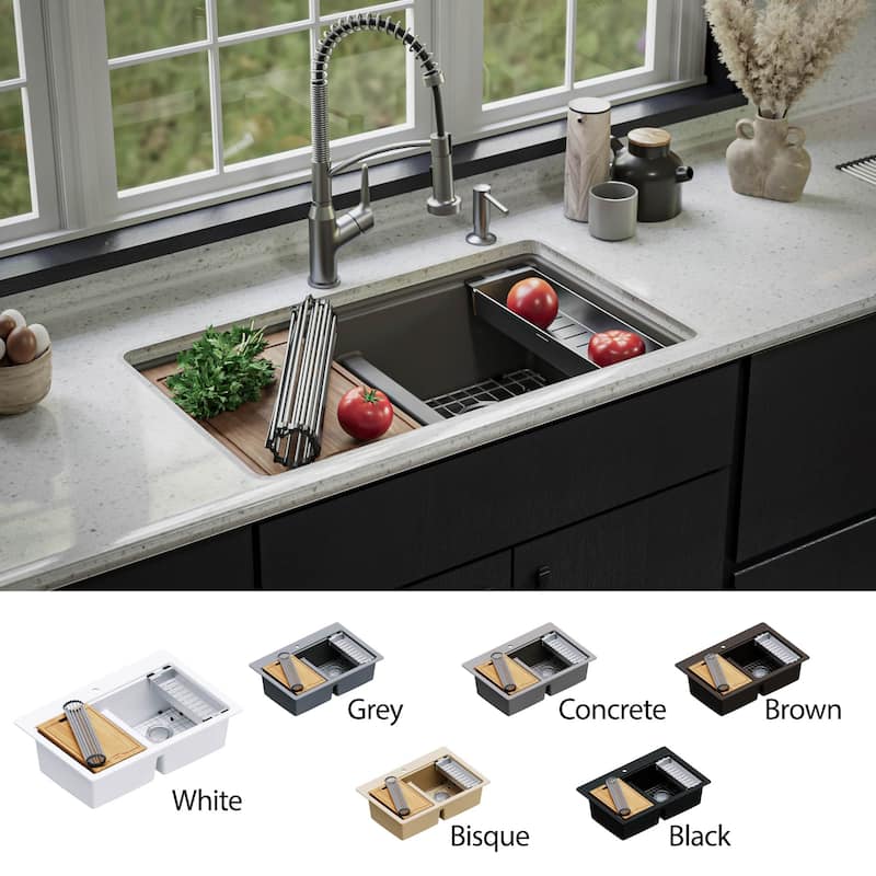 Karran QUWS-880 Undermount 32-1/2 in. Double Equal 50/50 Bowl Workstation Kitchen Sink