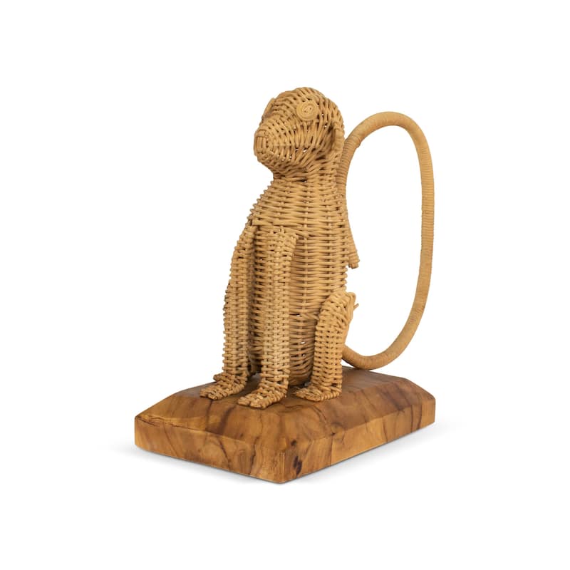 Rattan Monkey Sculpture - Hand Woven Animal Figurine on Wood Stand, Tropical Boho Decor - 10.5" wide x 10" tall x 5" deep