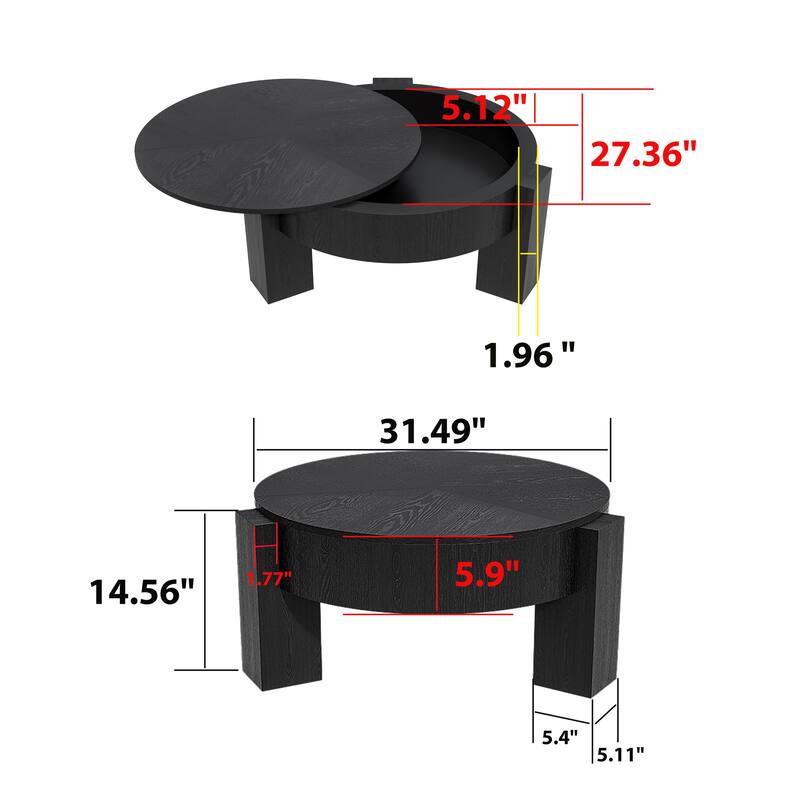 33" Round Coffee Table with Hidden Storage, Parquet Veneer Top Table, 3 Block Legs Sturdy Center Accent Table for Living Room