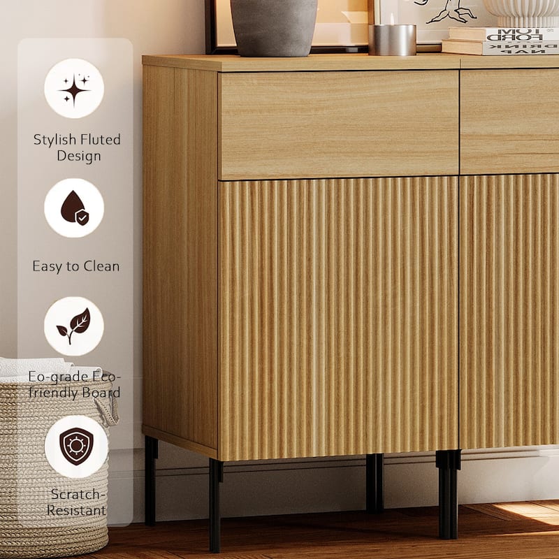 31.5" Wooden 2-Doors Sideboard With Charging Station, Modern Reeded Credenza Storage Cabinet