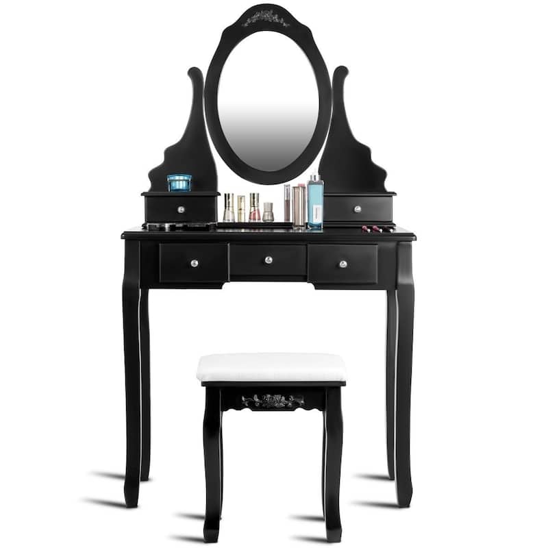 Wooden Vanity Set with 360-deg Rotating Oval Mirror and Cushioned Stool-Black - 31.3" x 15.7" x 55.9" (L x W x H)