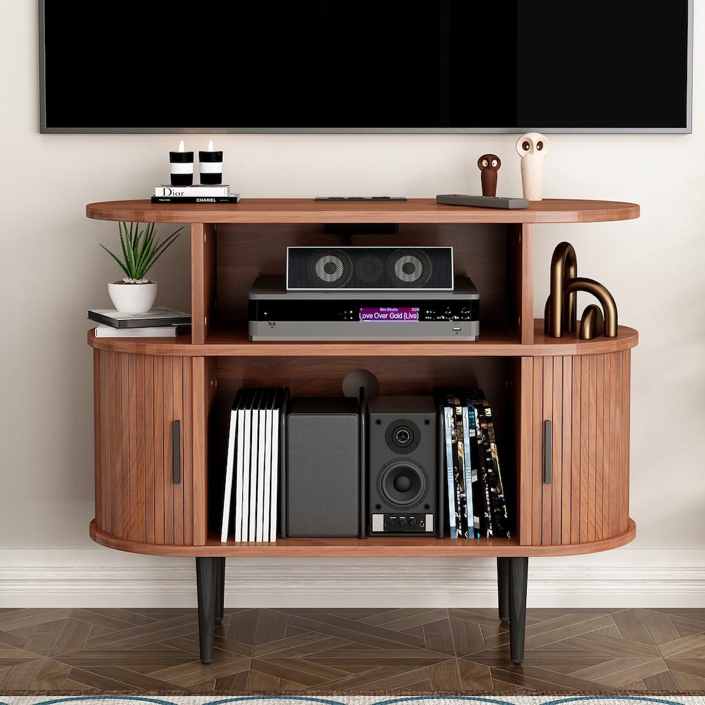 Anmytek Mid Century Modern Record Player Stand with Charging Station and USB Ports Walnut Turntable Storage Cabinet
