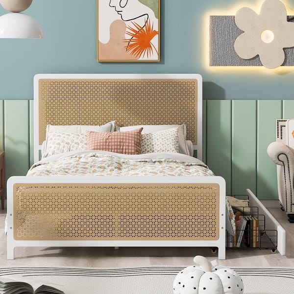 slide 2 of 12, Queen Size Metal Platform Bed with 2 Drawers Under-Bed,Lodge Design White
