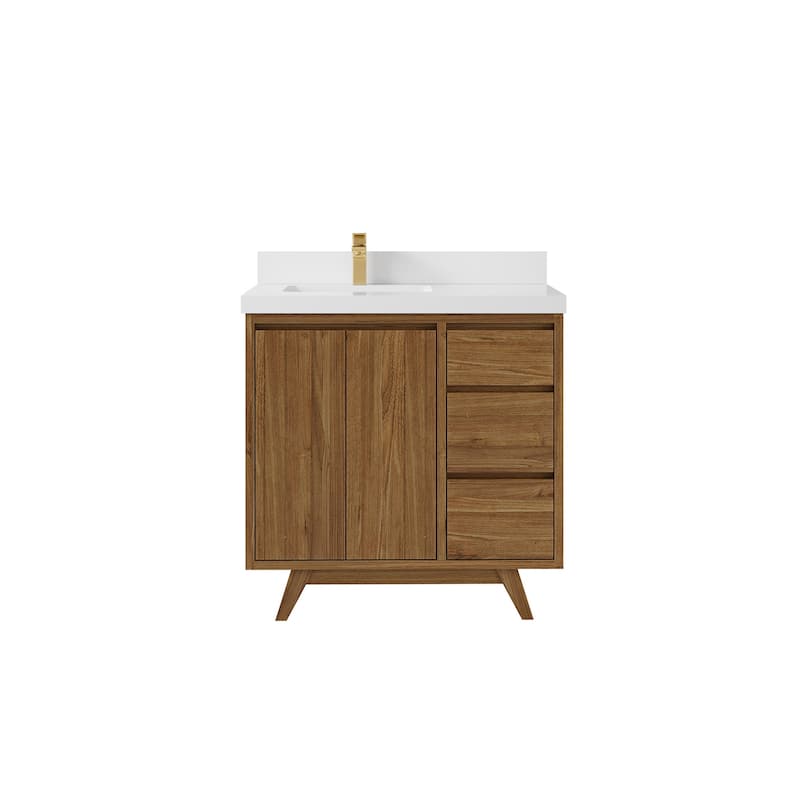 Willow Collections 36 in. W x 22 in. D Madison Teak Left Offset Sink Bathroom Vanity with Countertop - 2"White Quartz - Gold Teak