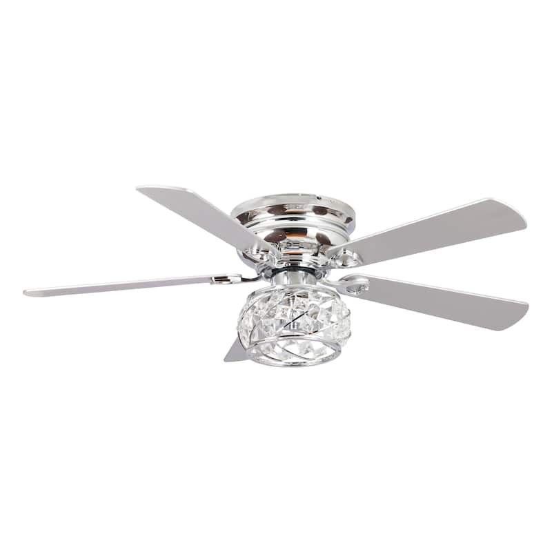 48" Chrome Wooden 5-Blade Crystal Flush Mount Ceiling Fan with Remote