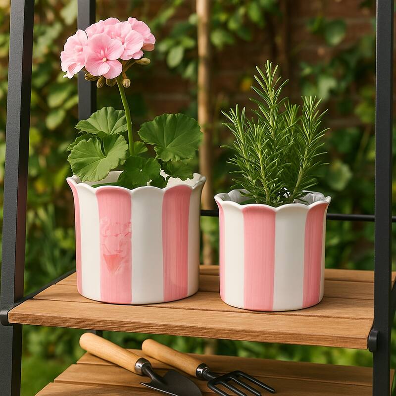 Ceramic Striped Flower Pots with Scalloped Edge - Set 2, 8", 6" - 8.0"