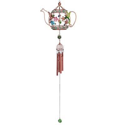 Q-Max 33" Long Hummingbird Copper and Gem Wind Chime in Teapot Shaped Garden Patio Decoration