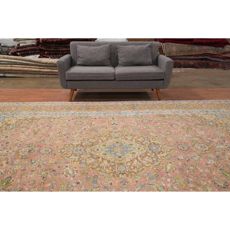 Hand Knotted Oriental 100% Wool Carpet Traditional Floral Pink Kerman Area Rug - 12' 9'' X 9' 8''
