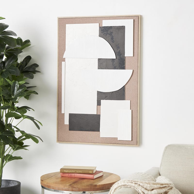 Wooden Geometric Textured Living Room Wall Decor with Abstract Black and White Shapes - Brown - Roche River Decor