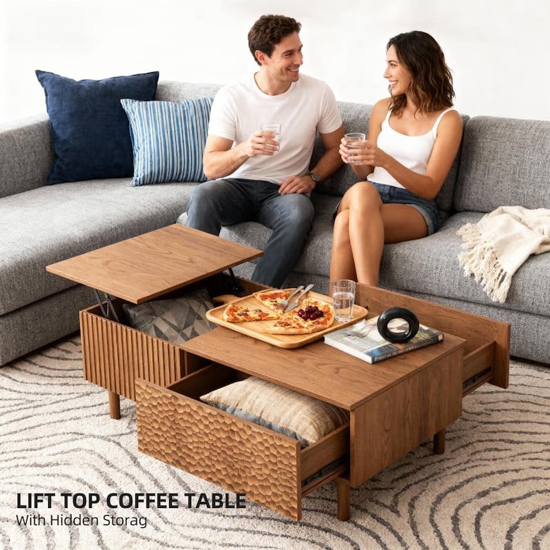 51.1" Satin Walnut Coffee Table with Storage Drawers for Living Room & Home Office - 51.1"Wx27.5"Dx18.9"H
