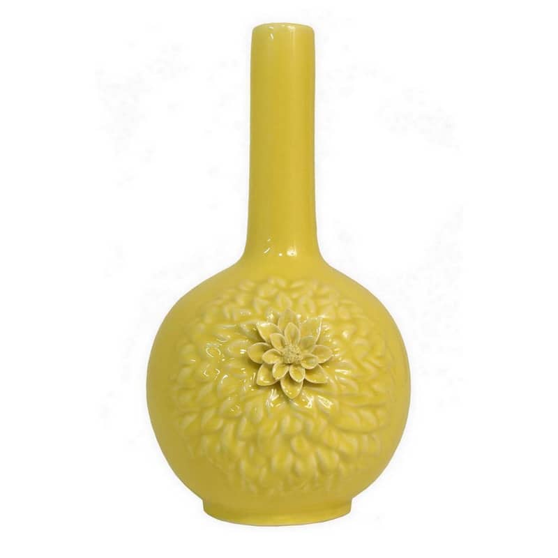 Remi Flower Vase, Narrow Neck, Yellow Ceramic w Floral Motifs, 16 Inch