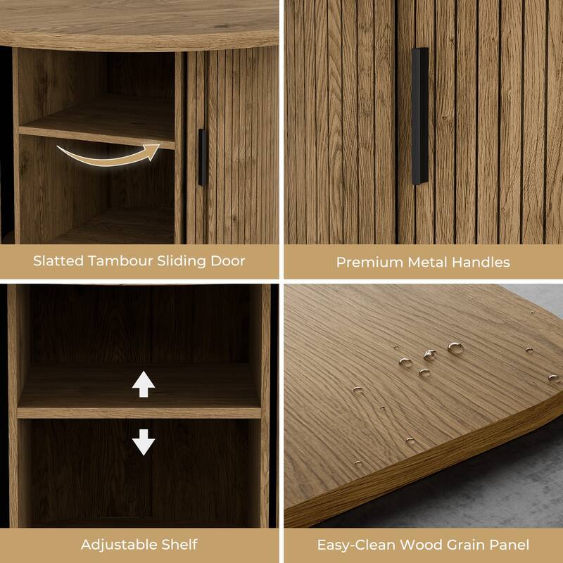 Mid Century Modern Round Coffee Table with Storage, Tambour Door Design Table for Living Room