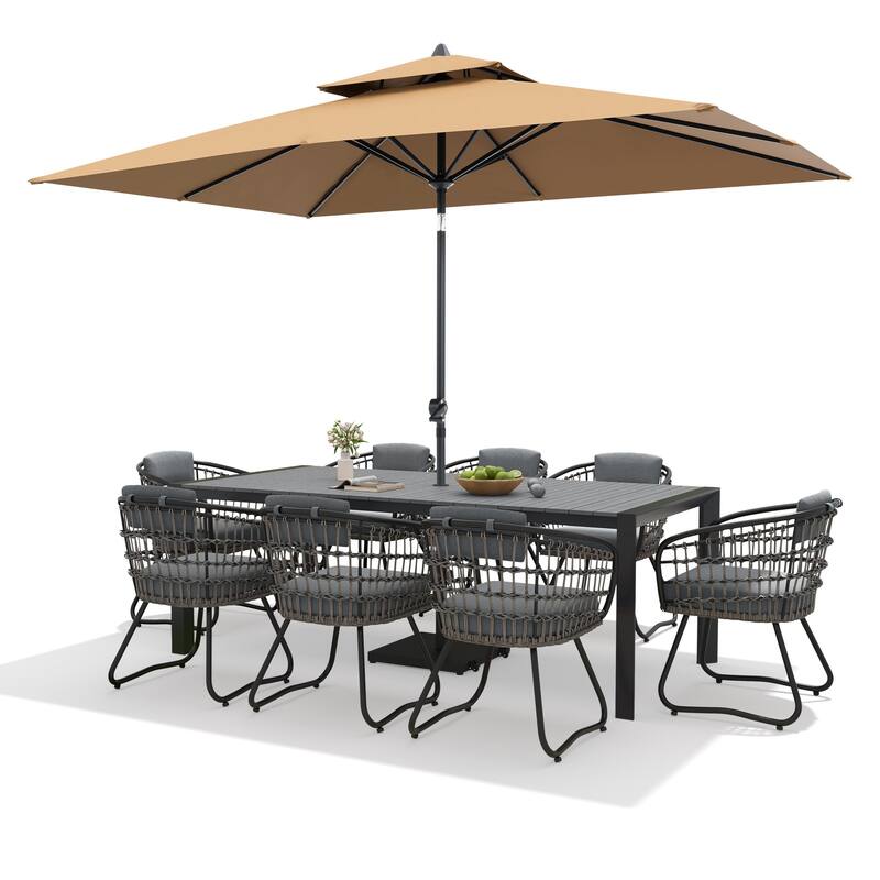 9/11-Piece Outdoor Dining Set Aluminum Table and Rattan Chairs w/10 ft Market Umbrella and Base