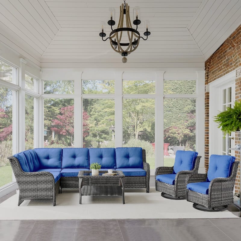 Outdoor Sectional Sofa Furniture Set - Grey Rattan - Blue Cushion - Sectional Sofa with Chair and Table