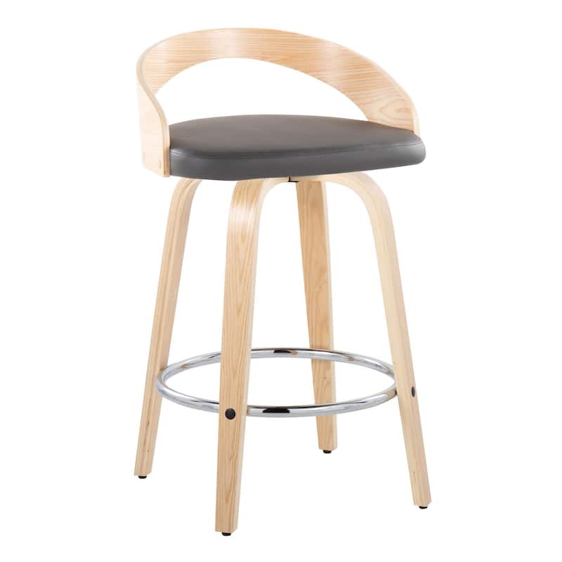 Carson Carrington Stavanger 26" Fixed-Height Counter Stool with Bent Wood Legs & Round Footrest (Set of 2) - Grey PU/Natural Wood/Chrome