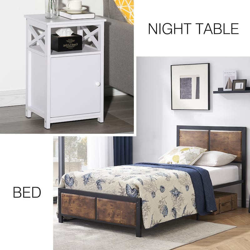 Taomika Industrial 3-pieces Bed with Wood Headboard and Nightstand Set