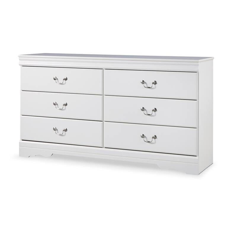 Roso Wide Dresser, Classic White, 6 Drawers w Pewter Metal Handles
