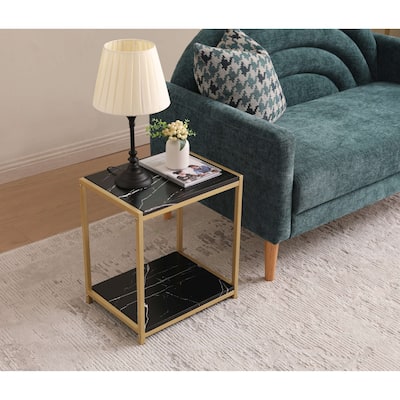 Side End Table, Nightstand Bedside Tables (Black/Gold)