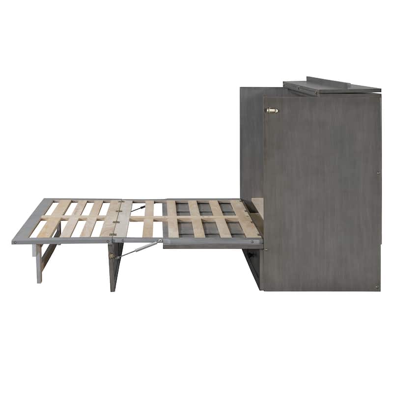 Gray Full Size Modern Style Murphy Bed with Large Versatile Storage Drawers and USB Ports for Bedroom