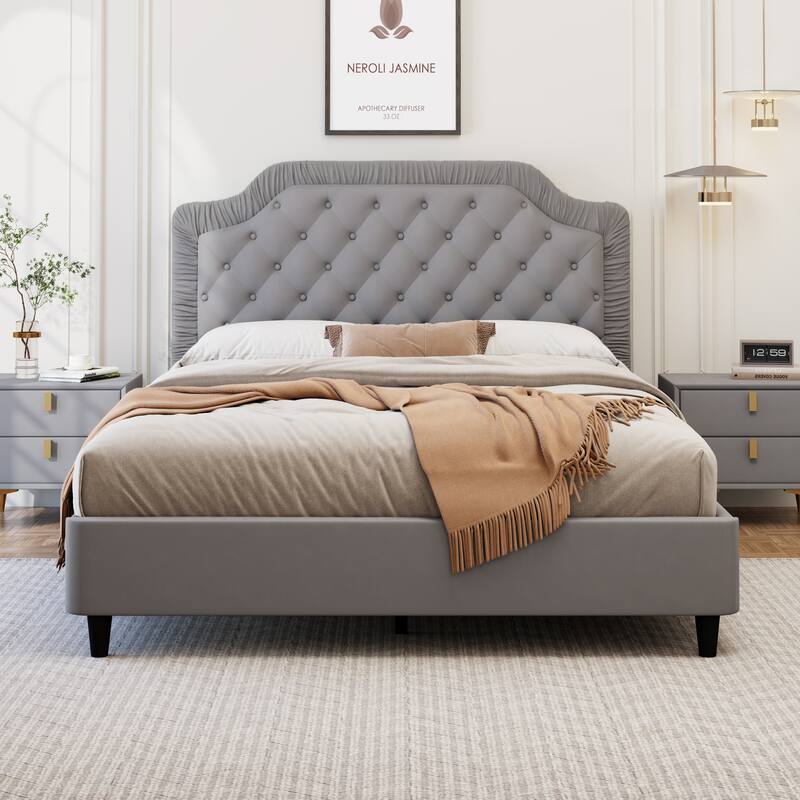 Full/Queen/King Size Upholstered Platform Bed Velvet Fabric Bed with Ruched and Button Tufted Headboard, Solid Wood Bedframe - Gray - King