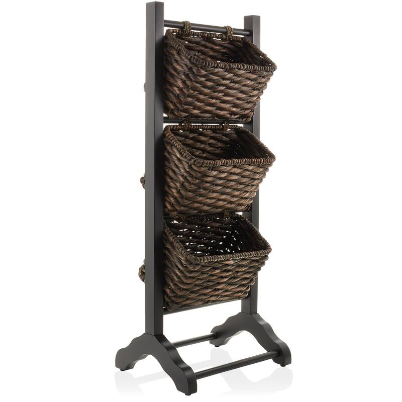 3Tier Floor Stand with Hyacinth Storage Basket Bins - Black, Espresso