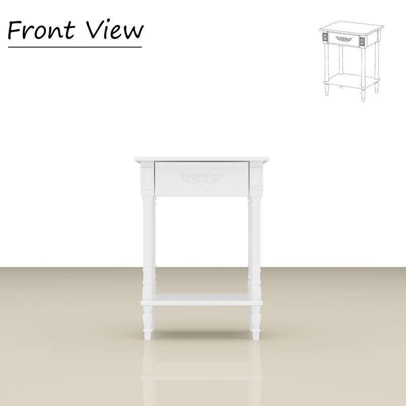 Vintage End Table with Drawer and Shelf, French Style Nightstand with Solid Wood Legs, White Accent Table