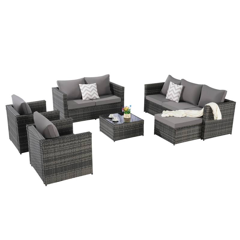 Large Modular Sectional Couch Wicker Rattan Conversation Set All Weather Recliner Couches with Glass Table and Pillows, 6 Piece