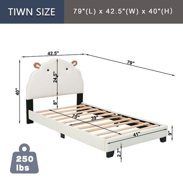 dimension image slide 1 of 3, Sheep Design Upholstered Twin Size Platform Bed for Kids, with Slatted Bed Base, Stability and Sturdiness