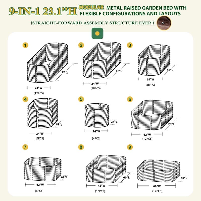 VEIKOUS 23.1''H Metal Galvanized Raised Garden Bed 9-in-1 Modular Outdoor Planter Box - N/A