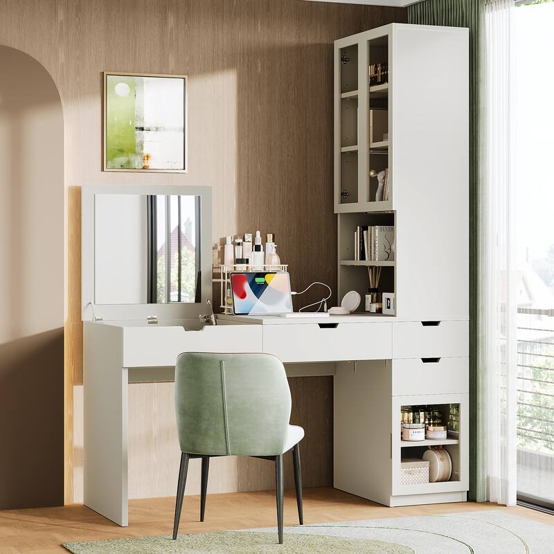 Versatile Makeup Vanity Desk with Mirror and Charging Station, Dressing Table with 8 Hidden Storage Compartments