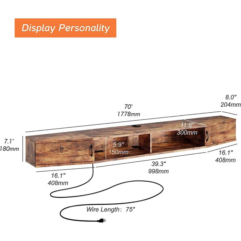 FITUEYES Floating TV Stand With Charging Station, Entertainment Center Under TV,Media Console Table - 70''