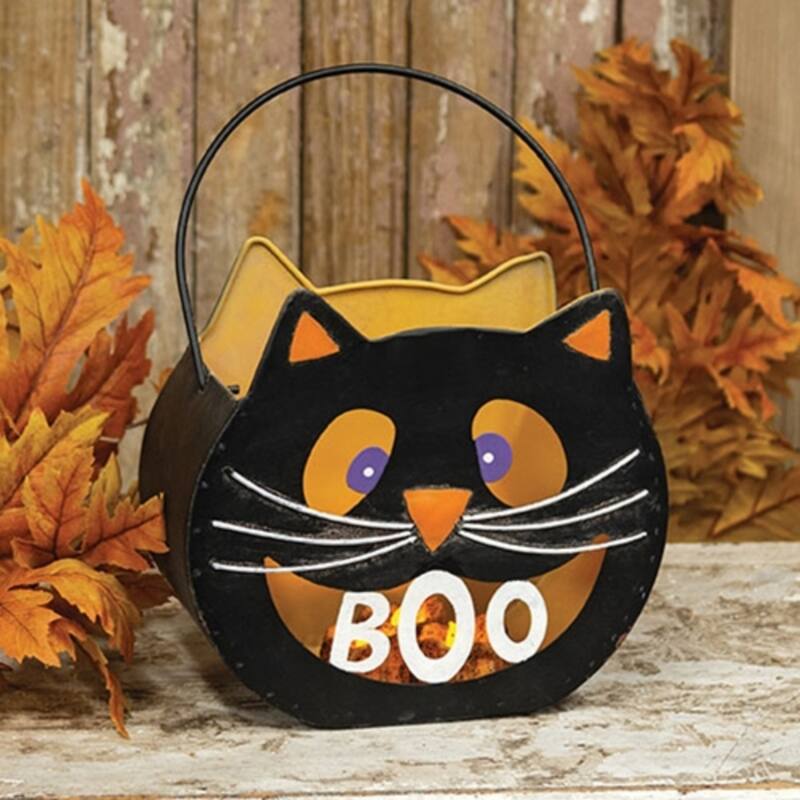 Black Orange Metal Boo Cat Luminary Bucket with Swing Handle - 8 x 4 x 7.25 in.