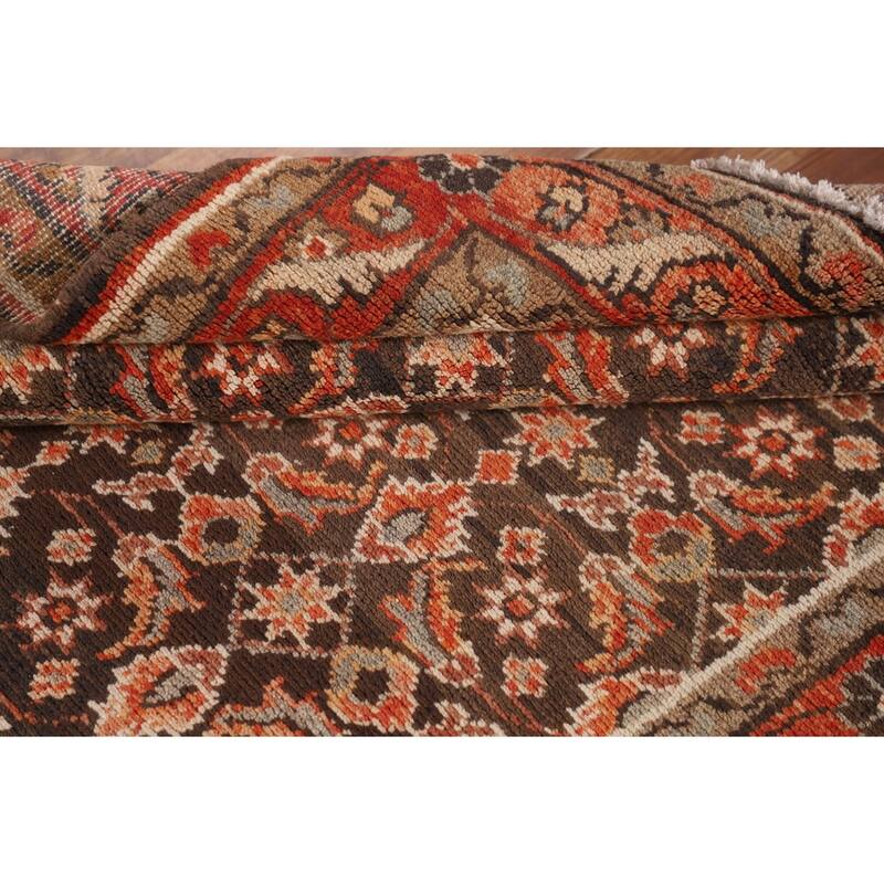 Brown Hamedan Persian Vintage Runner Rug Handmade Wool Carpet - 3'4"x 10'5"