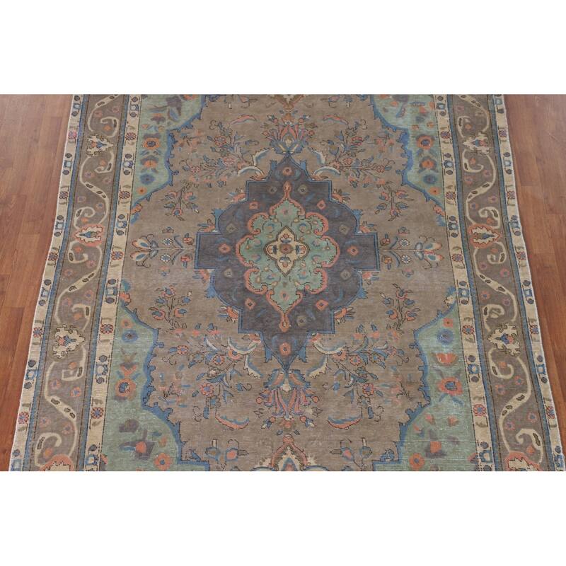 Tabriz Living Room Vintage Rug Handmade Wool Carpet - 6'5"x 9'6"