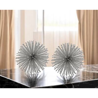 HomeRoots Set of Two Silver Iron Decorative Spiky Sphere Tabletop Sculpture - 4' X '4' X '4
