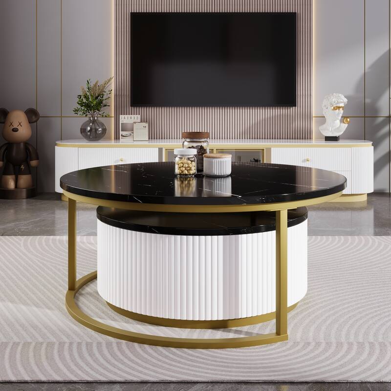 Round Nesting Coffee Table Fluted with Drawer
