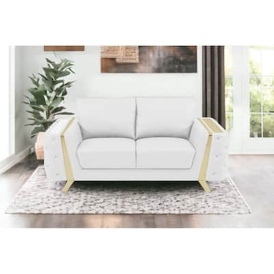 HomeRoots 72" White And Gold Genuine Leather Loveseat