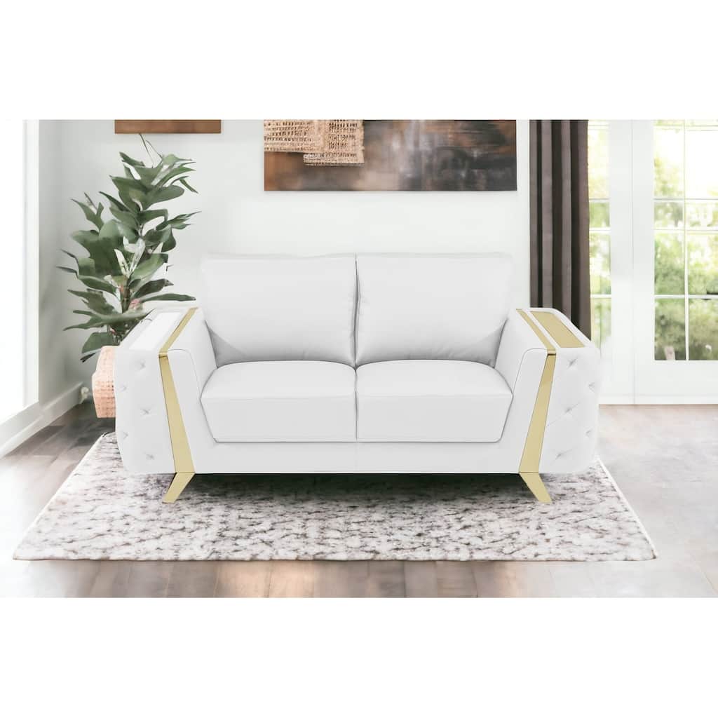 HomeRoots 72" White And Gold Genuine Leather Loveseat