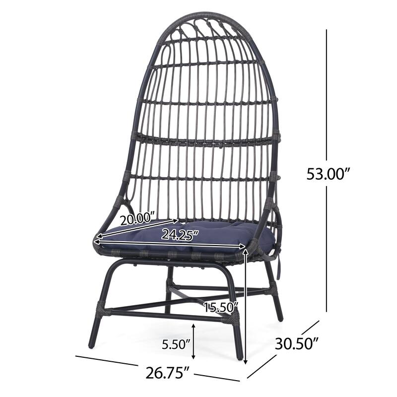 Elena Outdoor Chair, Basket Shape, Gray Fabric, Black PE Rattan, Iron