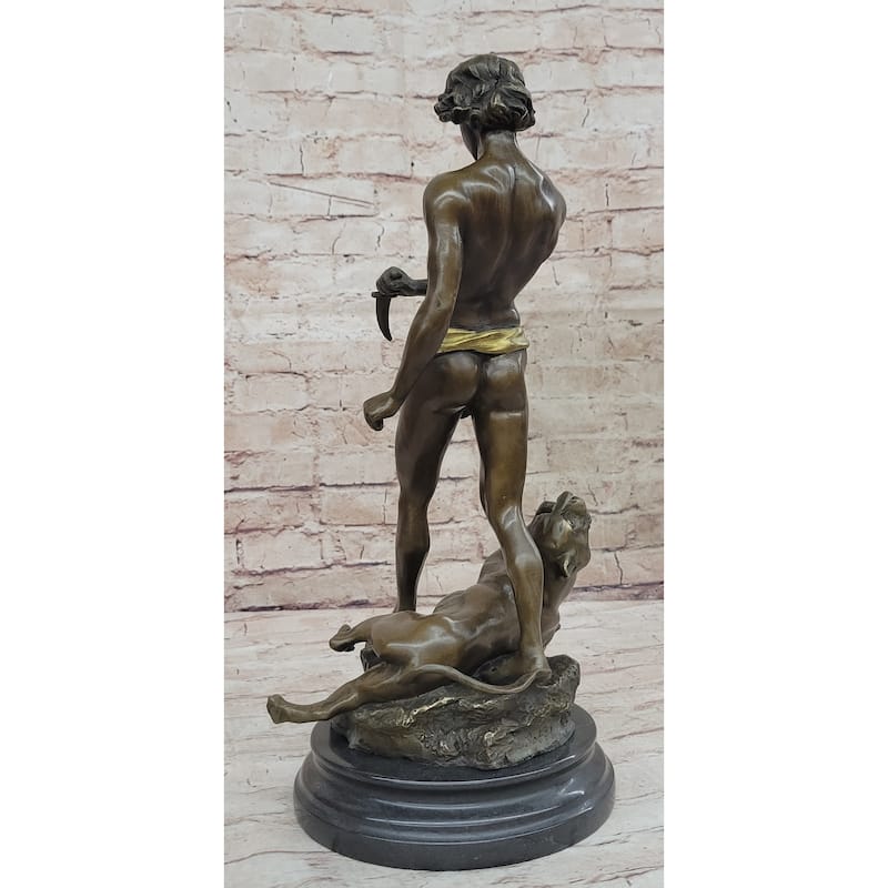 Young Tarzan Killing Imitative Leopard 100 Percent Solid Bronze Statue Sculpture Figurine