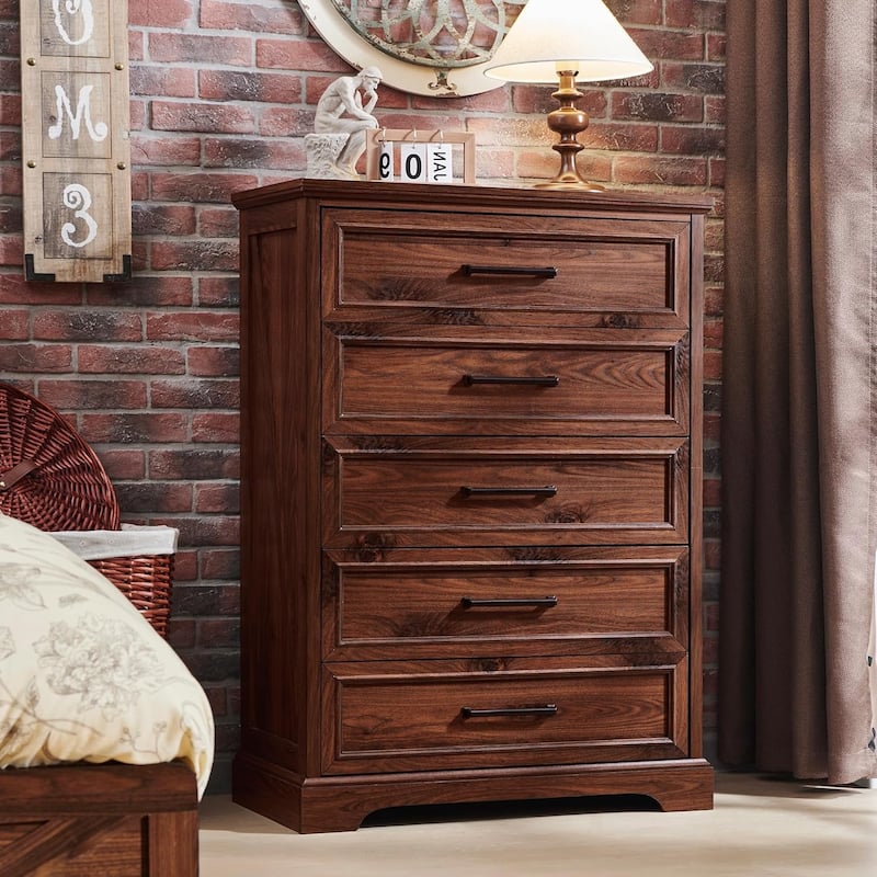 Farmhouse 5 Drawers Dresser Chests, Wood Rustic Chest of Drawers - Brown